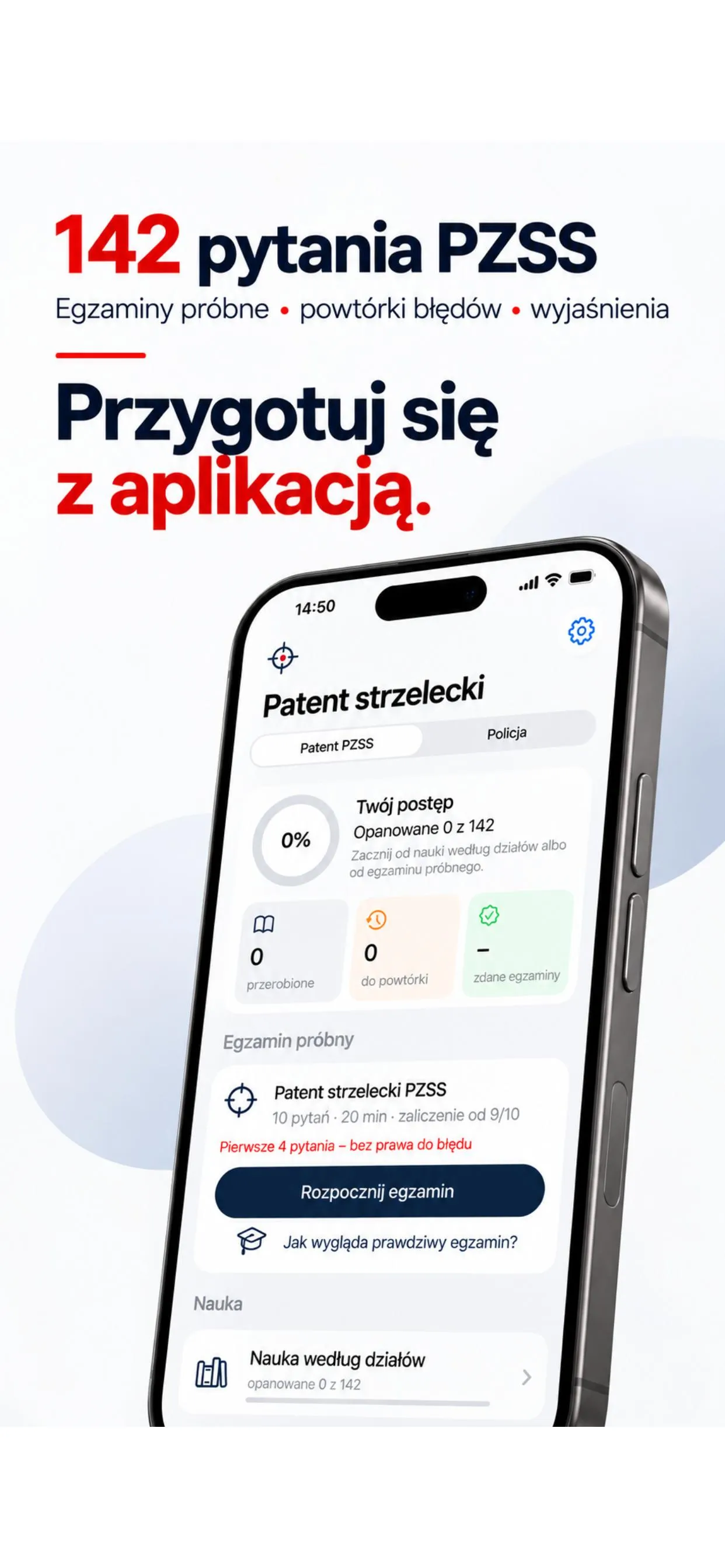 Ekran główny aplikacji Patent Strzelecki z działami pytań